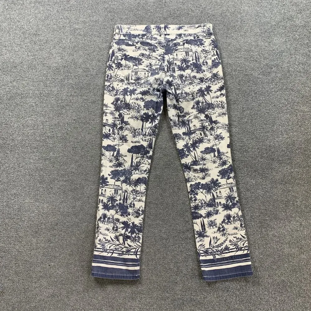 Tory Burch Jeans Womens 27 White Navy Tropical Toile Print Straight Leg Mid Rise